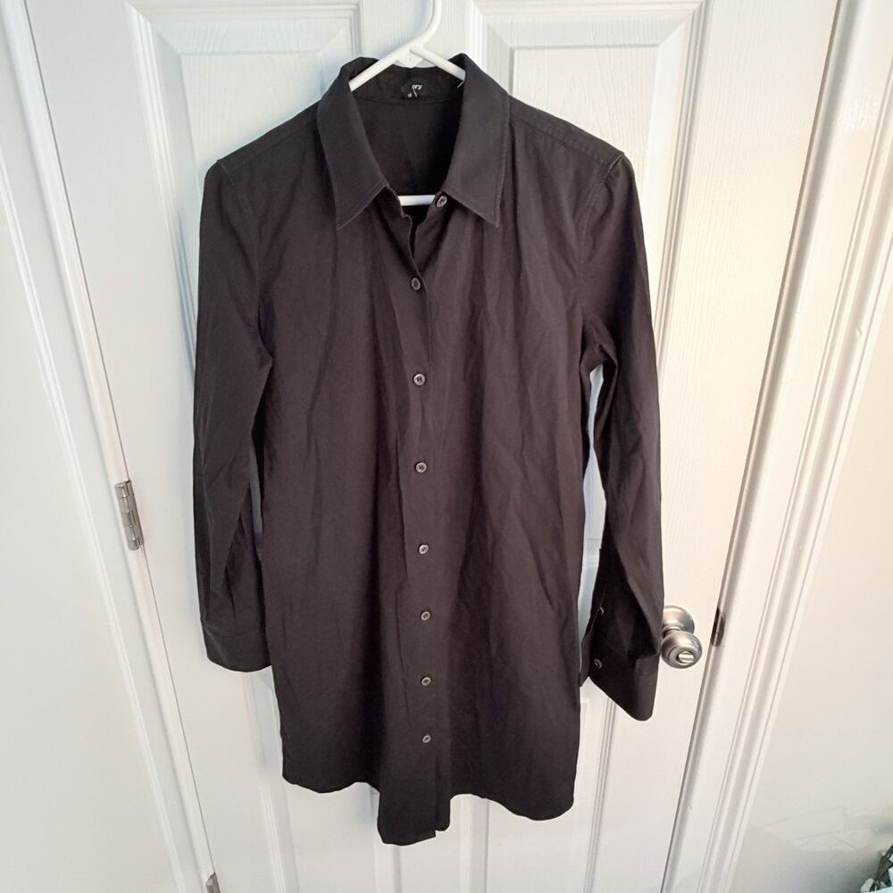 Theory Shirt Dress Women Size Medium Black Long Sleeve Stretch Cotton Minimalist